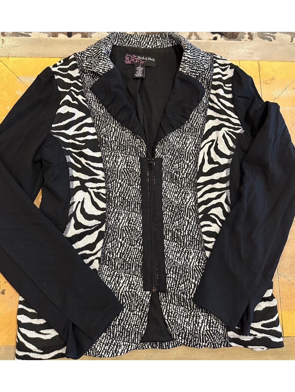 Peck & Peck Medium Black White Zebra Mixed Print Zip Front Blazer Jacket